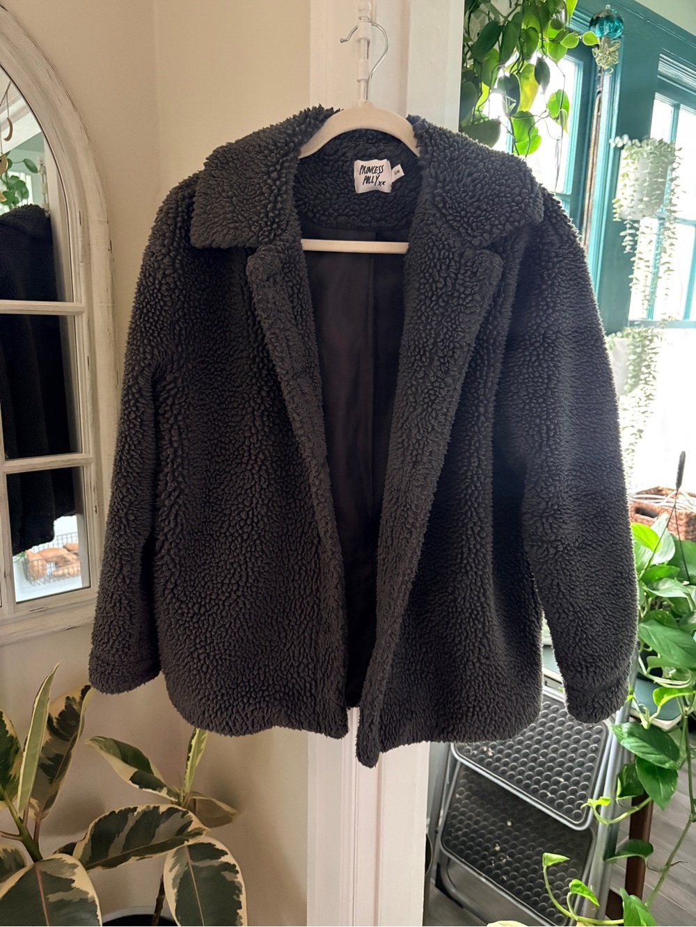 Princess Polly Cozy Fuzzy Faux Sherpa Jacket Coat - Dark Gray